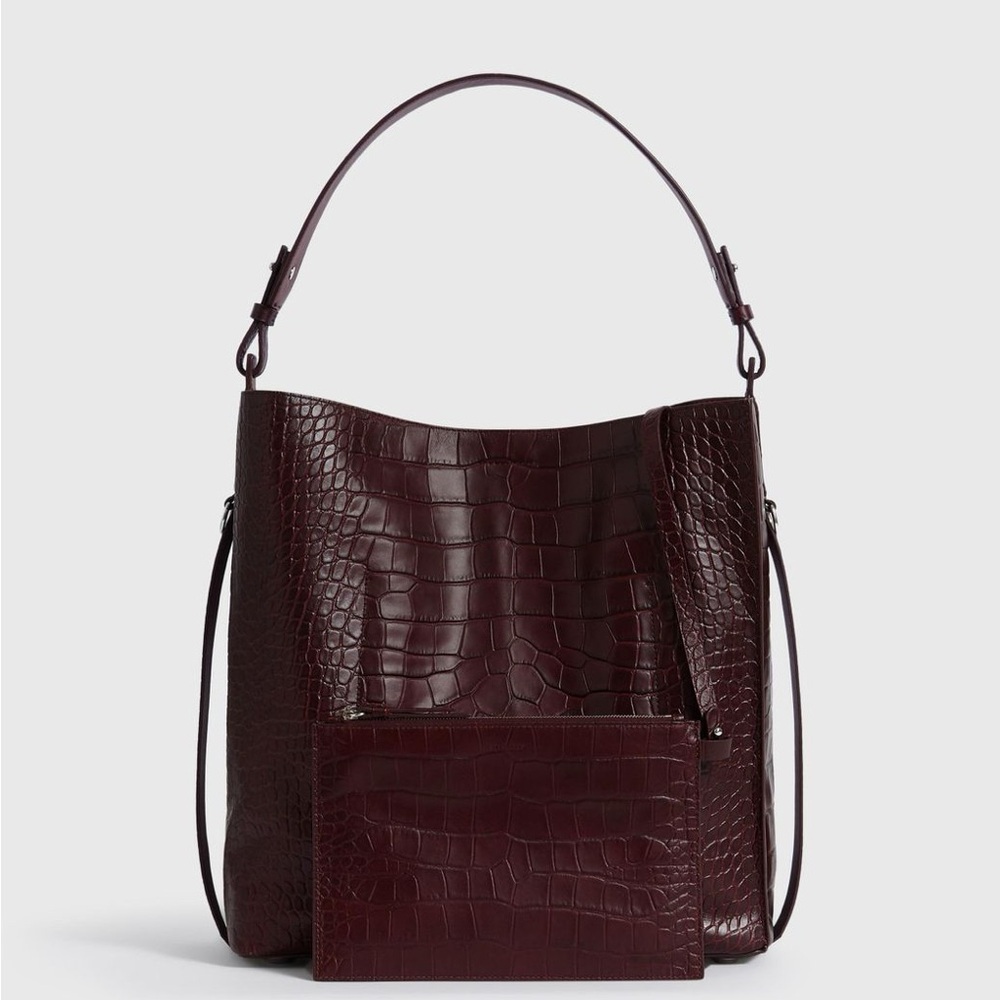 AllSaints Polly North South leather tote bag with a croc-embossed pattern.